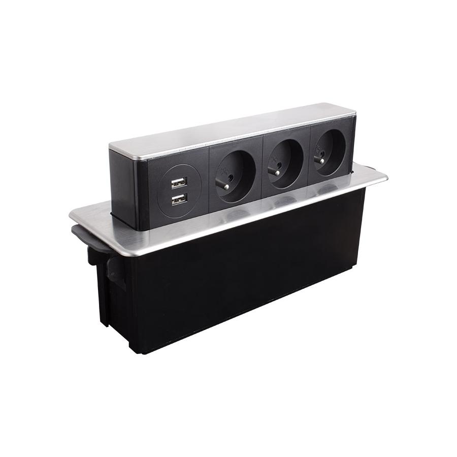 LED21 HOP BOX výsuvný zásuvkový blok, 3 zásuvka + 2 USB A, černá / stříbrná